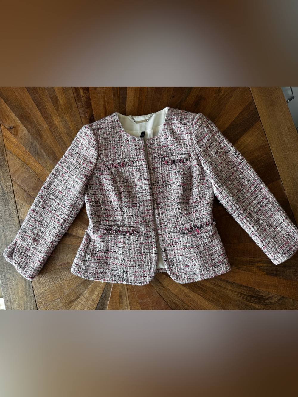 White House Black Market Pink and White Tweed Collarless Blazer